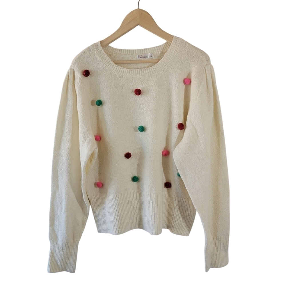 89th + Madison Ivory Pom Pom Pullover Sweater Sz XL Minimalist Cozy Rainbow Soft